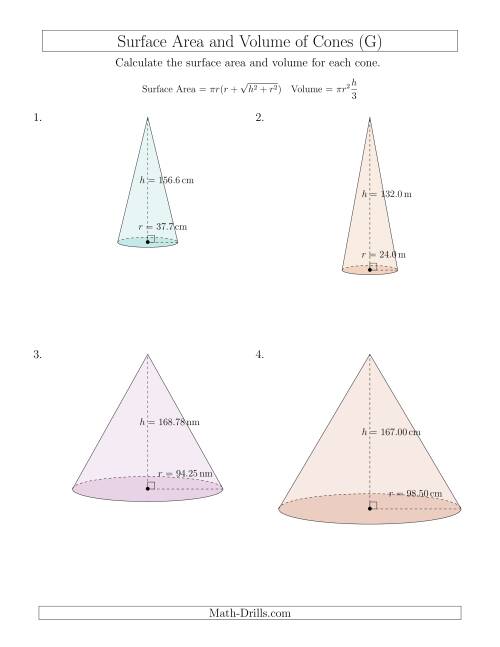 The Volume and Surface Area of Cones (Large Input Values) (G) Math Worksheet