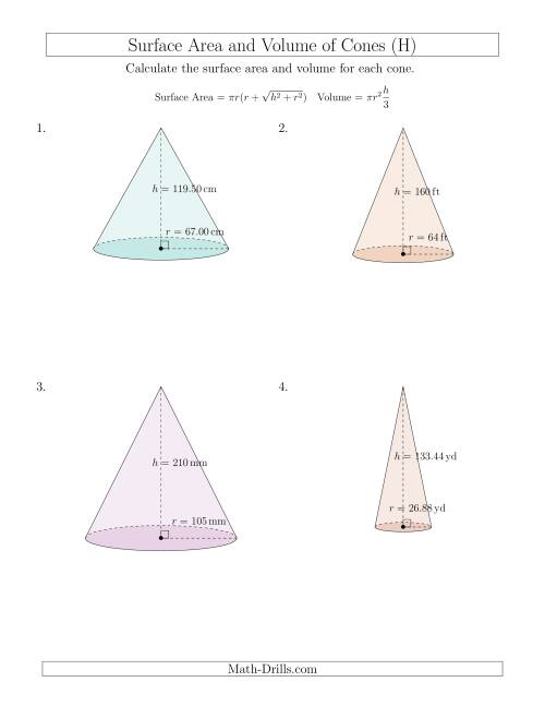 The Volume and Surface Area of Cones (Large Input Values) (H) Math Worksheet