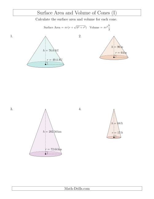 The Volume and Surface Area of Cones (Large Input Values) (I) Math Worksheet