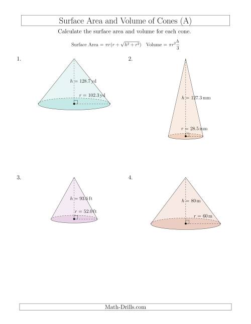 The Volume and Surface Area of Cones (Large Input Values) (All) Math Worksheet