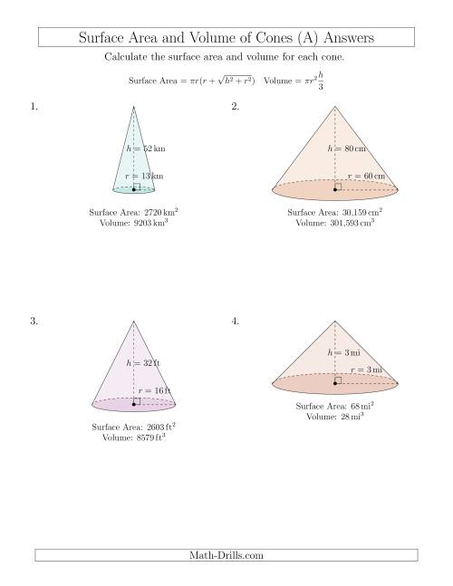 The Volume and Surface Area of Cones (Whole Numbers) (A) Math Worksheet Page 2