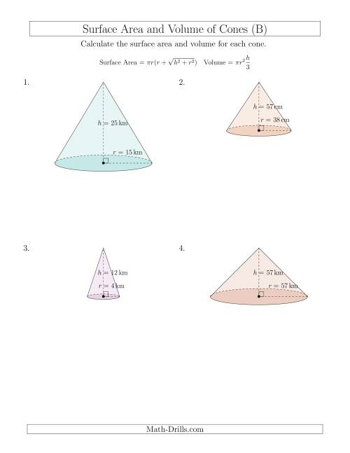 The Volume and Surface Area of Cones (Whole Numbers) (B) Math Worksheet