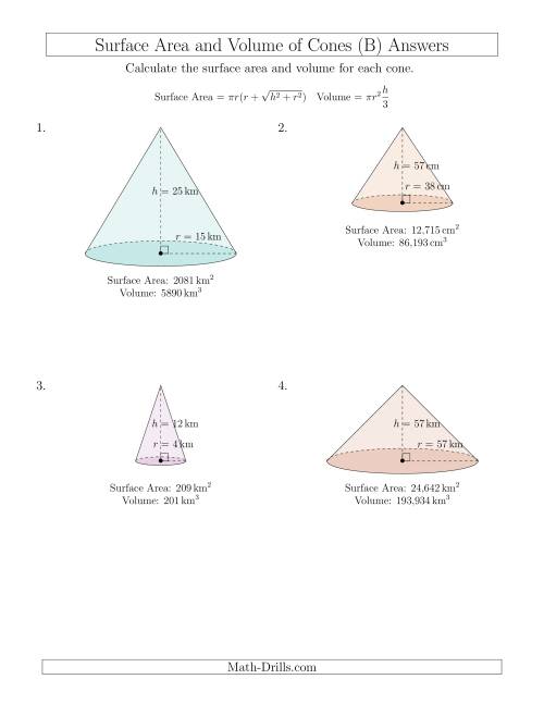 The Volume and Surface Area of Cones (Whole Numbers) (B) Math Worksheet Page 2