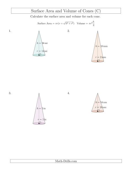 The Volume and Surface Area of Cones (Whole Numbers) (C) Math Worksheet