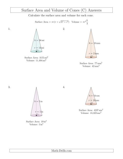 The Volume and Surface Area of Cones (Whole Numbers) (C) Math Worksheet Page 2