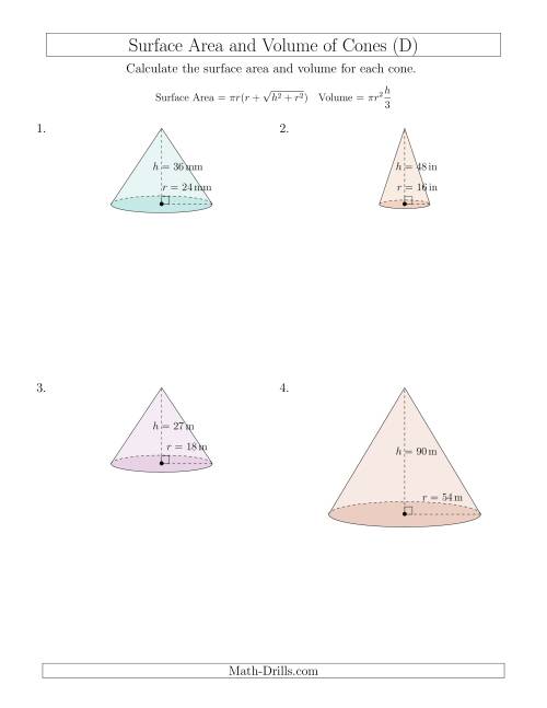 The Volume and Surface Area of Cones (Whole Numbers) (D) Math Worksheet