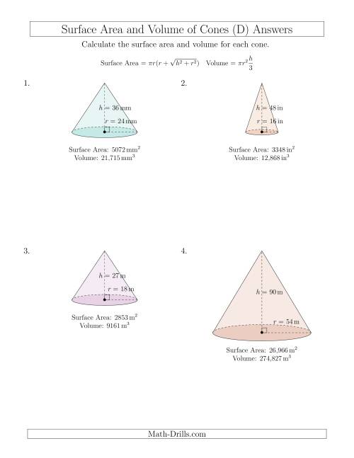 The Volume and Surface Area of Cones (Whole Numbers) (D) Math Worksheet Page 2