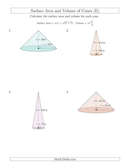 The Volume and Surface Area of Cones (Whole Numbers) (E) Math Worksheet