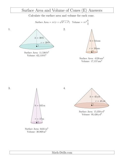 The Volume and Surface Area of Cones (Whole Numbers) (E) Math Worksheet Page 2