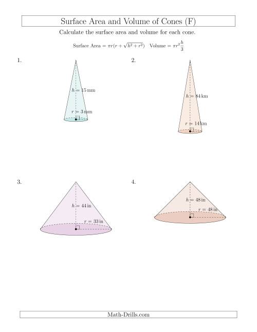 The Volume and Surface Area of Cones (Whole Numbers) (F) Math Worksheet