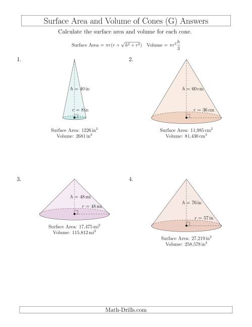 The Volume and Surface Area of Cones (Whole Numbers) (G) Math Worksheet Page 2
