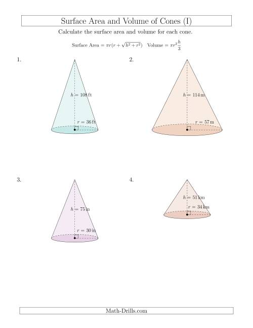 The Volume and Surface Area of Cones (Whole Numbers) (I) Math Worksheet