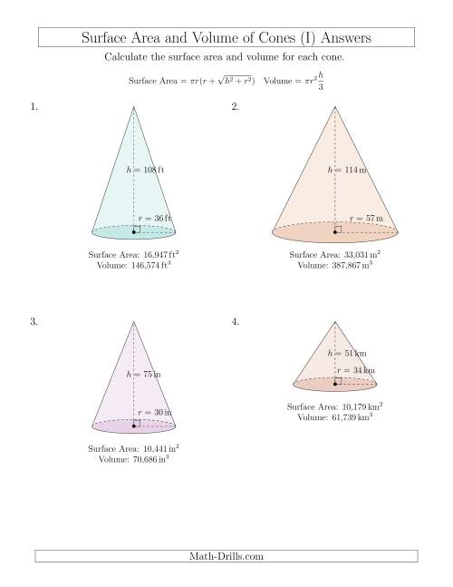The Volume and Surface Area of Cones (Whole Numbers) (I) Math Worksheet Page 2