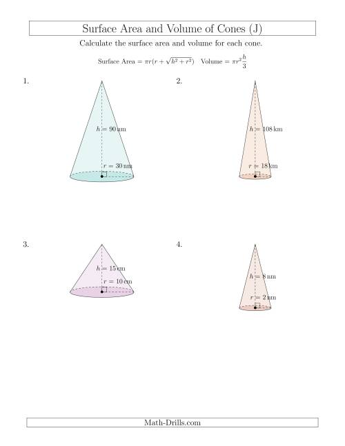 The Volume and Surface Area of Cones (Whole Numbers) (J) Math Worksheet