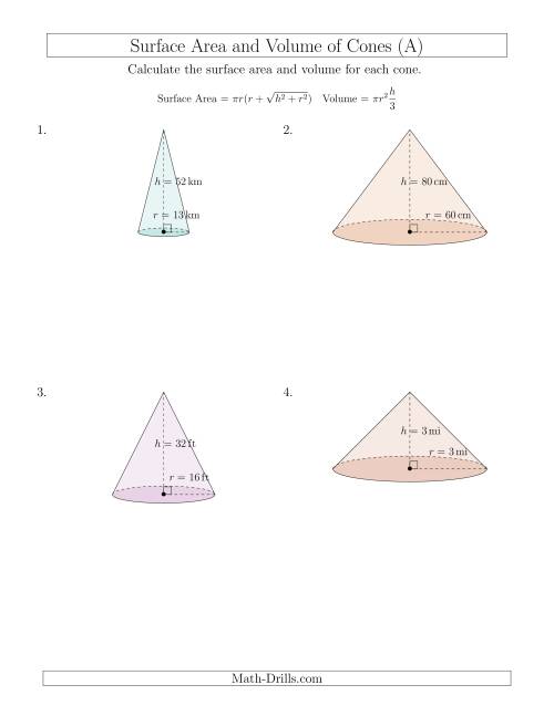 The Volume and Surface Area of Cones (Whole Numbers) (All) Math Worksheet