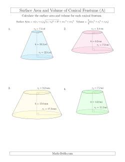 Volume and Surface Area of Conical Frustums (One Decimal Place)