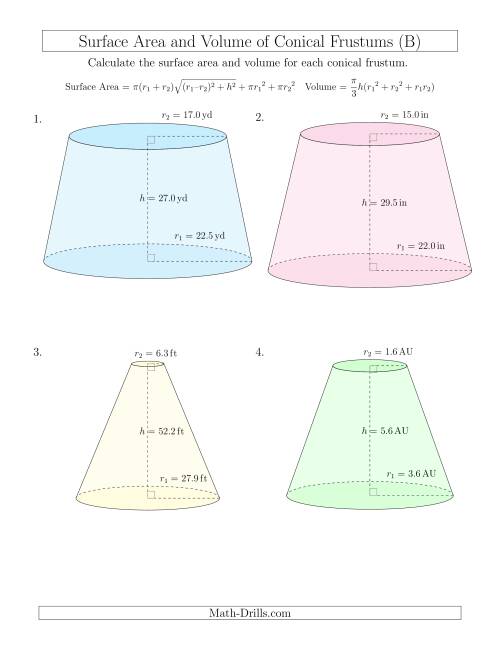 The Volume and Surface Area of Conical Frustums (One Decimal Place) (B) Math Worksheet