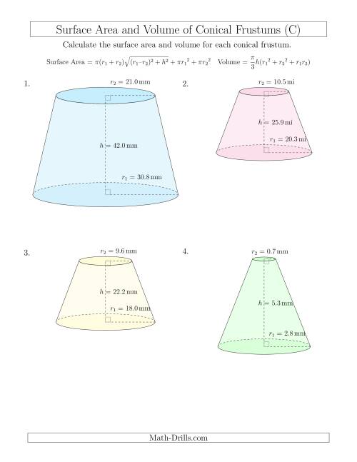 The Volume and Surface Area of Conical Frustums (One Decimal Place) (C) Math Worksheet