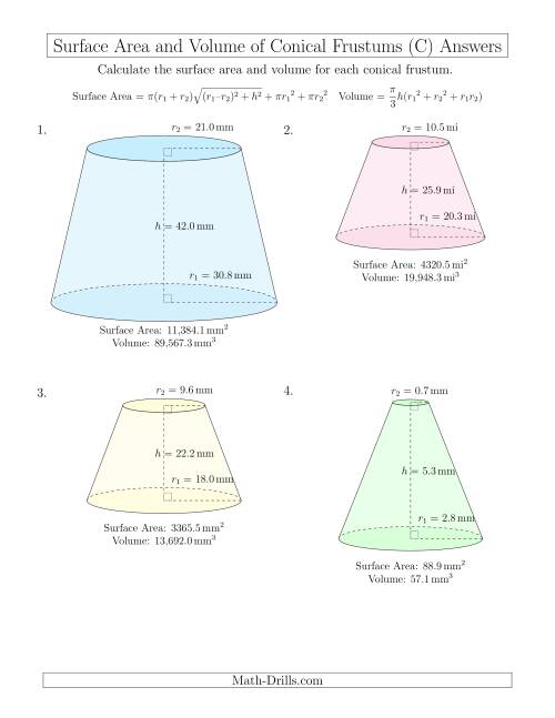 The Volume and Surface Area of Conical Frustums (One Decimal Place) (C) Math Worksheet Page 2