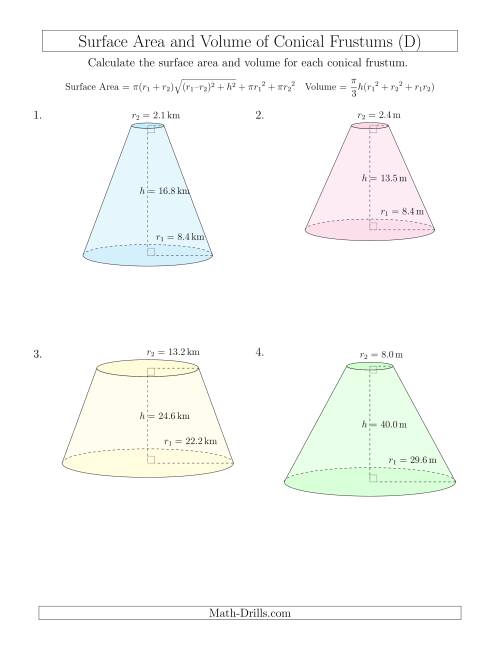 The Volume and Surface Area of Conical Frustums (One Decimal Place) (D) Math Worksheet