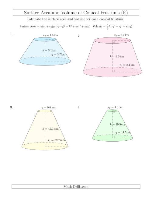 The Volume and Surface Area of Conical Frustums (One Decimal Place) (E) Math Worksheet
