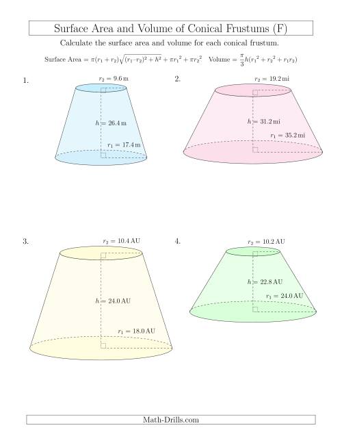 The Volume and Surface Area of Conical Frustums (One Decimal Place) (F) Math Worksheet