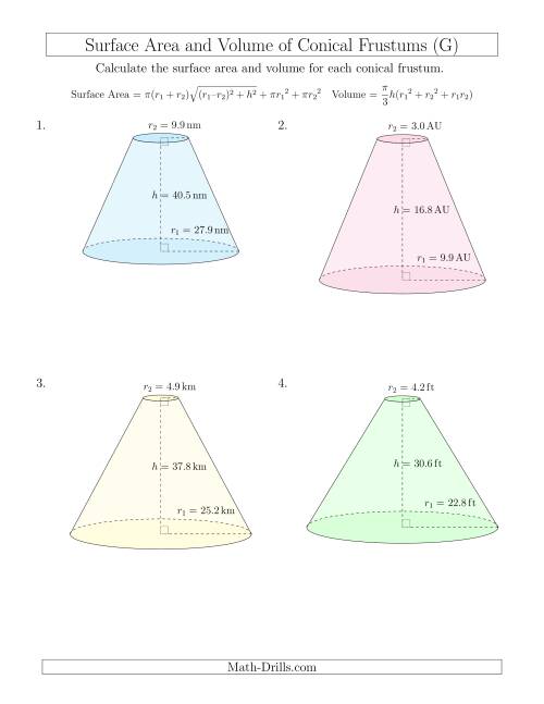 The Volume and Surface Area of Conical Frustums (One Decimal Place) (G) Math Worksheet