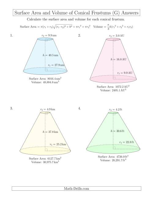 The Volume and Surface Area of Conical Frustums (One Decimal Place) (G) Math Worksheet Page 2