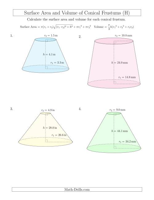 The Volume and Surface Area of Conical Frustums (One Decimal Place) (H) Math Worksheet
