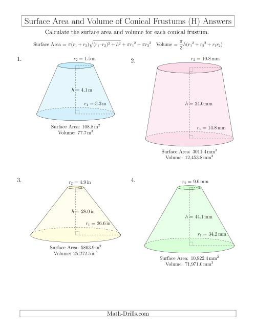 The Volume and Surface Area of Conical Frustums (One Decimal Place) (H) Math Worksheet Page 2