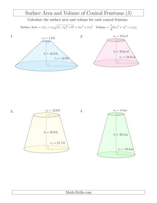 The Volume and Surface Area of Conical Frustums (One Decimal Place) (J) Math Worksheet