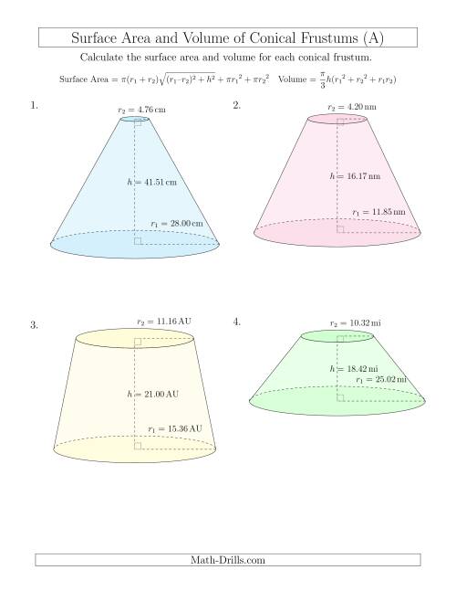 The Volume and Surface Area of Conical Frustums (Two Decimal Places) (A) Math Worksheet