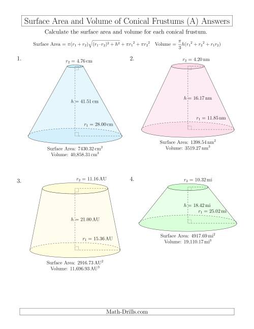 The Volume and Surface Area of Conical Frustums (Two Decimal Places) (A) Math Worksheet Page 2