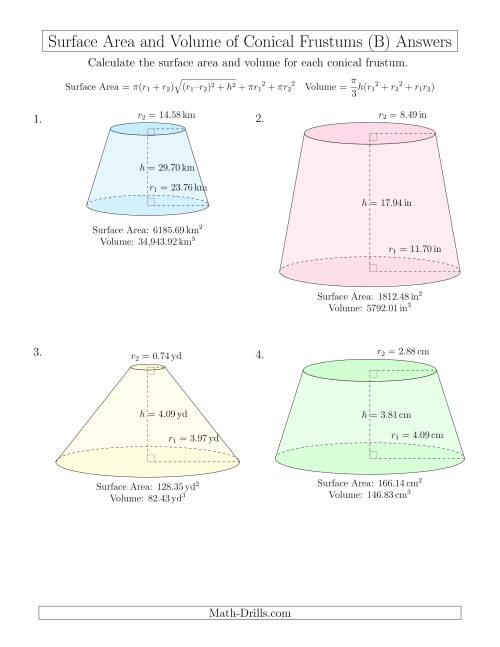 The Volume and Surface Area of Conical Frustums (Two Decimal Places) (B) Math Worksheet Page 2