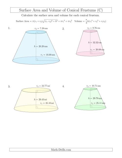 The Volume and Surface Area of Conical Frustums (Two Decimal Places) (C) Math Worksheet