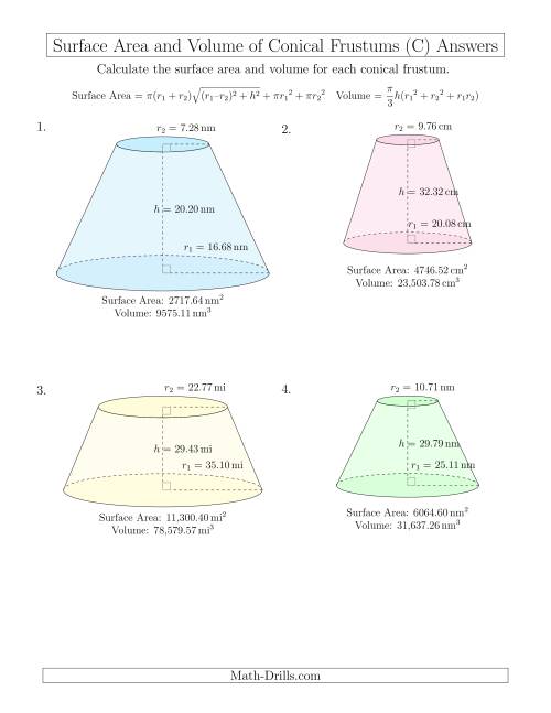 The Volume and Surface Area of Conical Frustums (Two Decimal Places) (C) Math Worksheet Page 2