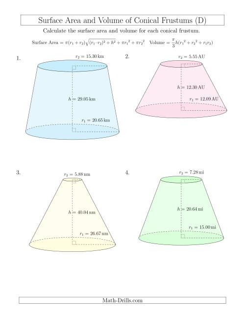 The Volume and Surface Area of Conical Frustums (Two Decimal Places) (D) Math Worksheet