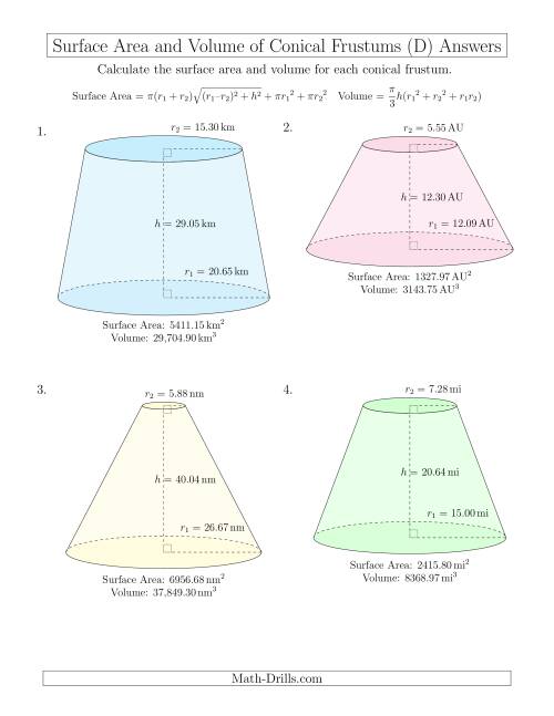 The Volume and Surface Area of Conical Frustums (Two Decimal Places) (D) Math Worksheet Page 2