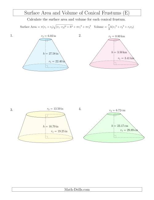 The Volume and Surface Area of Conical Frustums (Two Decimal Places) (E) Math Worksheet