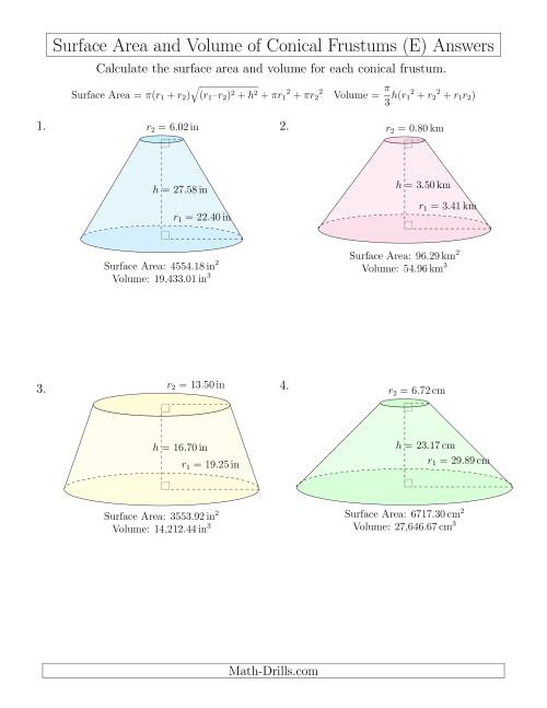 The Volume and Surface Area of Conical Frustums (Two Decimal Places) (E) Math Worksheet Page 2