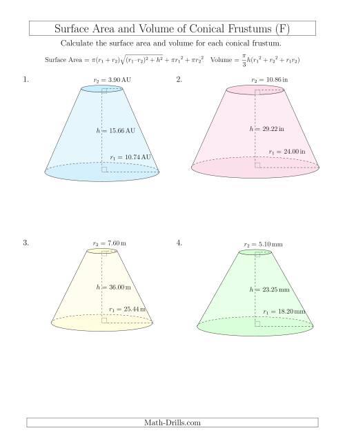 The Volume and Surface Area of Conical Frustums (Two Decimal Places) (F) Math Worksheet