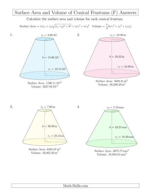 The Volume and Surface Area of Conical Frustums (Two Decimal Places) (F) Math Worksheet Page 2