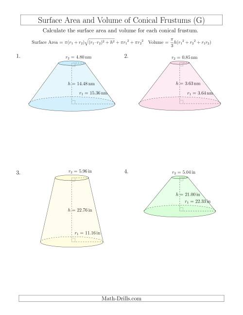 The Volume and Surface Area of Conical Frustums (Two Decimal Places) (G) Math Worksheet