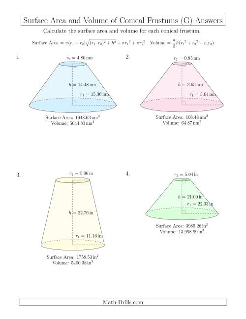 The Volume and Surface Area of Conical Frustums (Two Decimal Places) (G) Math Worksheet Page 2