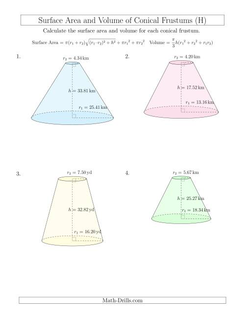 The Volume and Surface Area of Conical Frustums (Two Decimal Places) (H) Math Worksheet