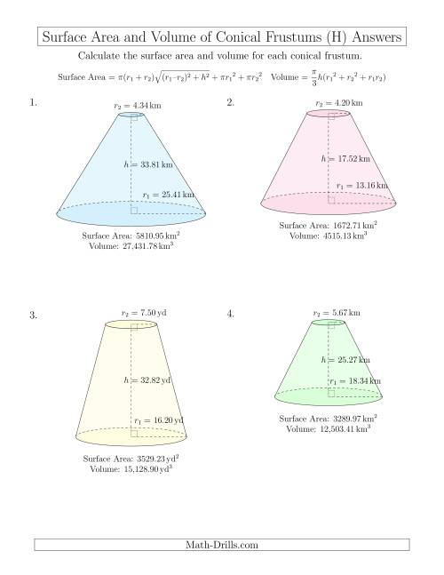 The Volume and Surface Area of Conical Frustums (Two Decimal Places) (H) Math Worksheet Page 2