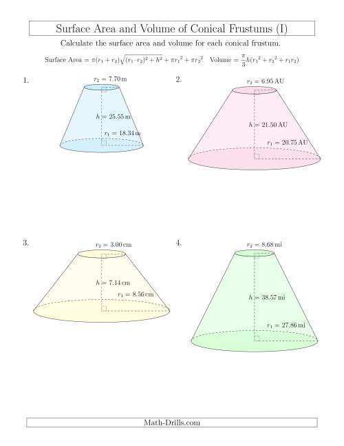 The Volume and Surface Area of Conical Frustums (Two Decimal Places) (I) Math Worksheet