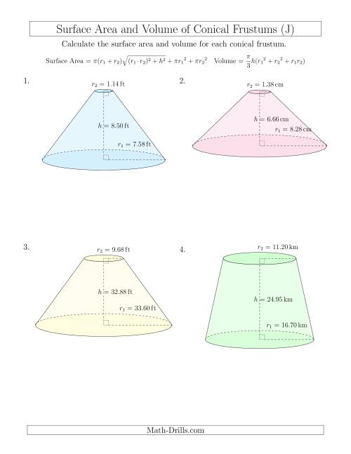 The Volume and Surface Area of Conical Frustums (Two Decimal Places) (J) Math Worksheet