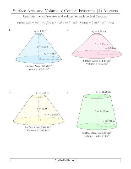 The Volume and Surface Area of Conical Frustums (Two Decimal Places) (J) Math Worksheet Page 2