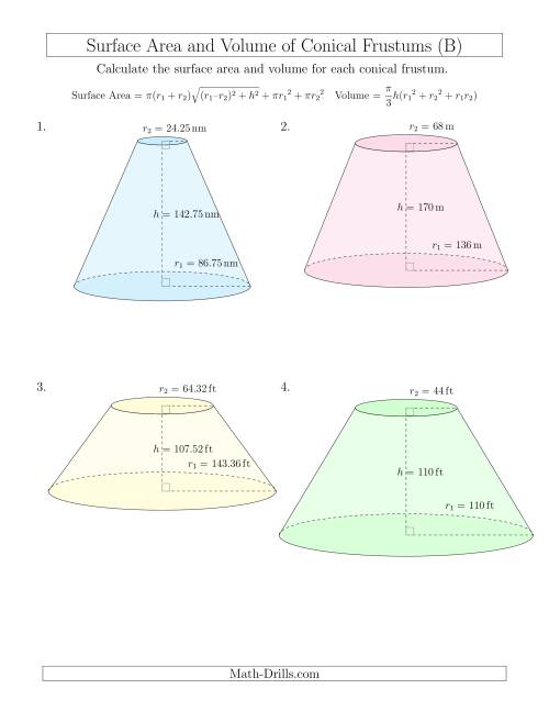 The Volume and Surface Area of Conical Frustums (Large Input Values) (B) Math Worksheet